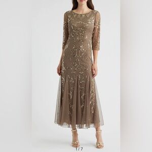 Pisarro Nights Illusion Sleeve Beaded A-Line Gown Women 8 Petite Brown Beaded